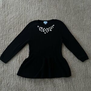 CeCe Black 3/4 Sleeve Gemmed Sweater Peplum Shirt